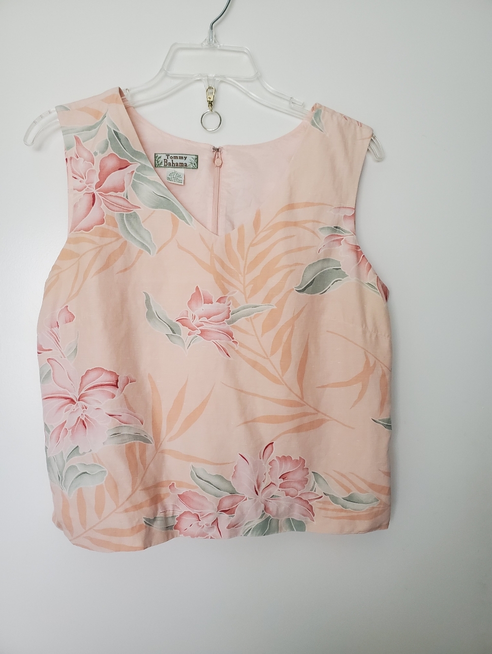 Tommy Bahama Woman's Sleeveless V-Neck Peach/Green Tropical Top Silk Linen  Sz M